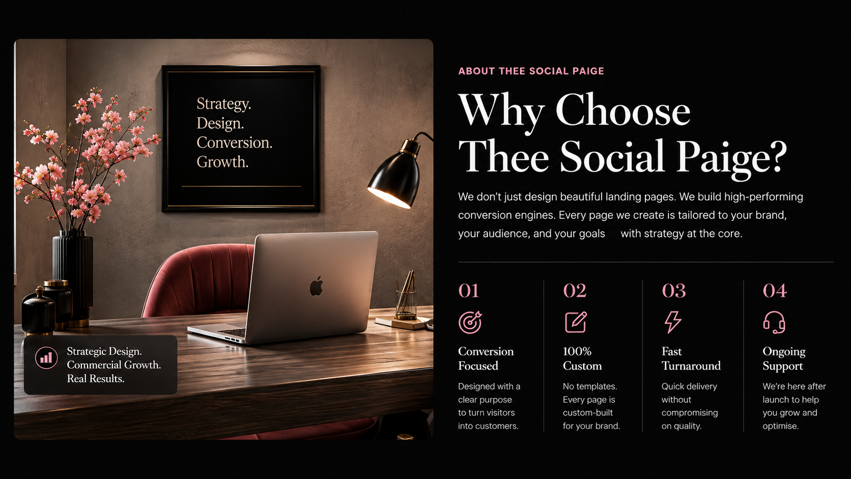 High resolution About Thee Social Paige section showing the agency workspace, headline and four brand values