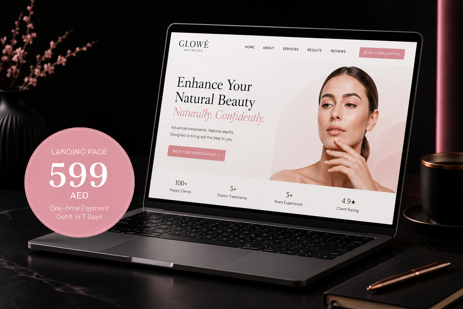 Premium aesthetics landing page displayed on a laptop with the 599 AED landing page offer